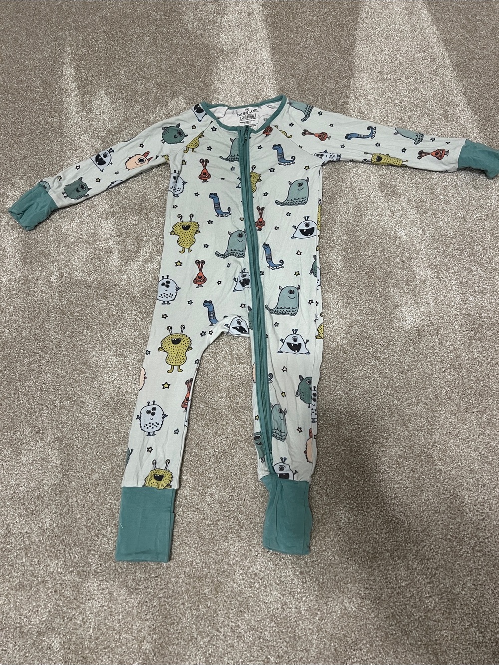 Caden Lane Teal-Trim Monster Print One-Piece Footie